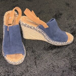 TOMS Blue and Tan Wedge Espadrilles